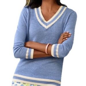 Talbots Sweater 100% Linen Baby Blue V Neck Varsity Tennis Pullover Preppy